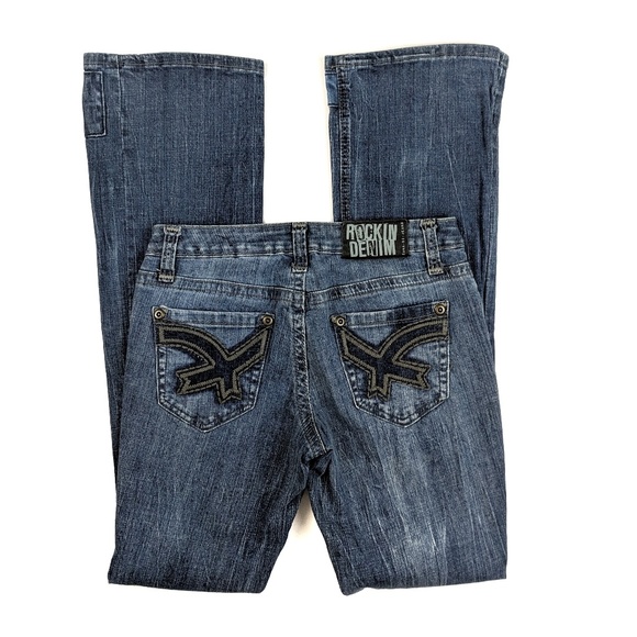 Rockin Denim Distressed Patchwork Flared Jeans 5 - Picture 2 of 7